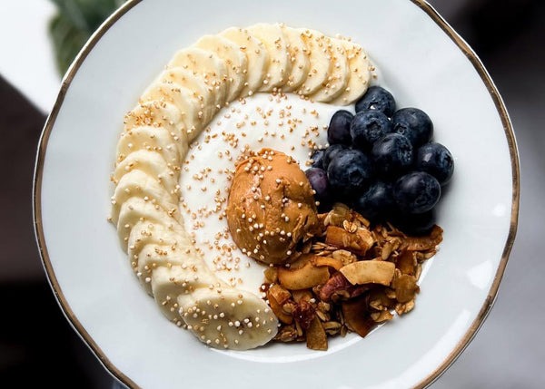 <p>Peanut Butter, Blueberry + Granola Yoghurt Bowl</p>